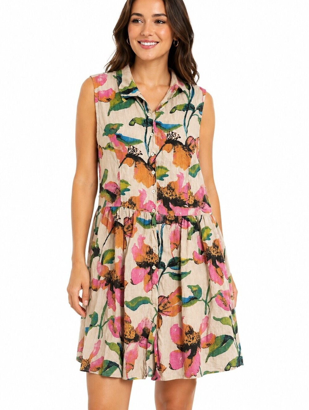 Bella Amore Linen Floral Shirt Dress Sleeveless Button Front Beige Multicolor- S